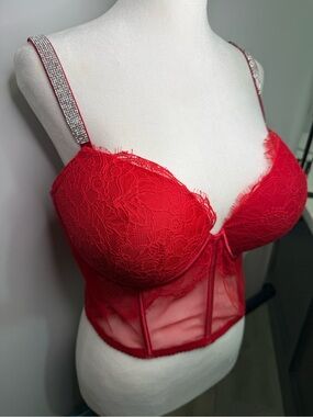 VICTORIA'S SECRET VERY SEXY FLORAL LACE SHINE STRAP PUSH UP CORSET BRA TOP 38DD